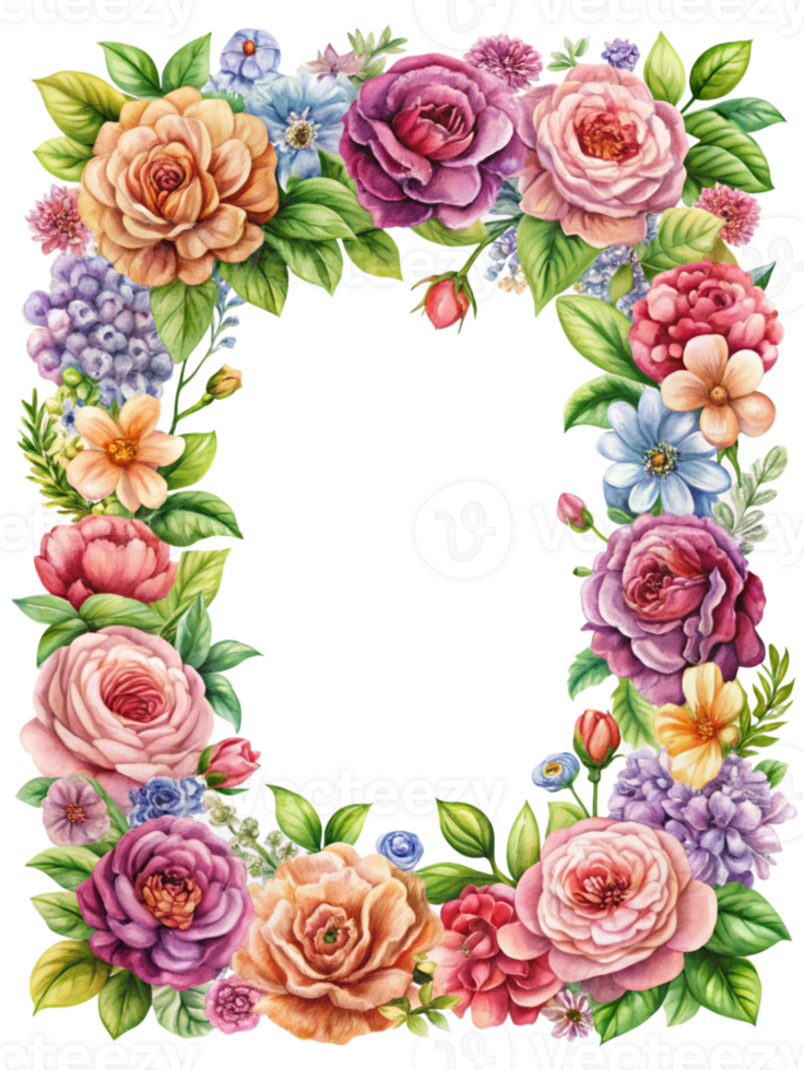 Vibrant Floral Frame Featuring Beautiful Roses and Colorful Flowers Perfect for Adding Elegance and Charm to Invitations and Decorative Artwork in Any Setting png