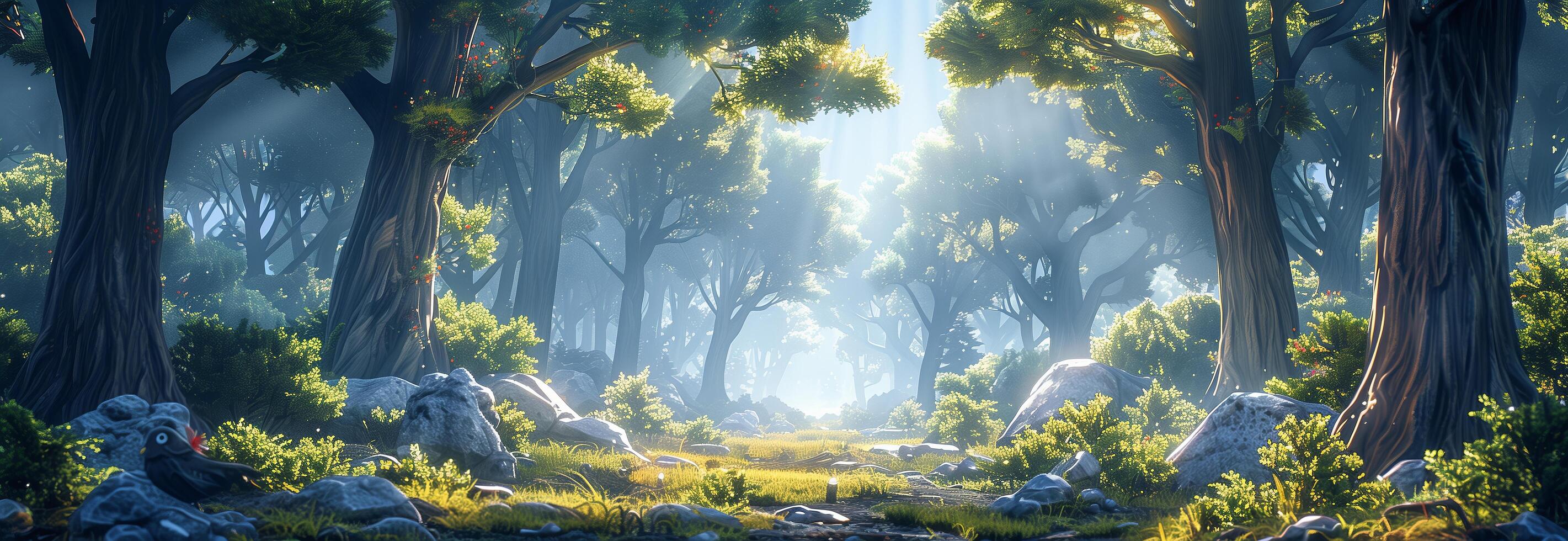 A forest scene with trees and rocks photo
