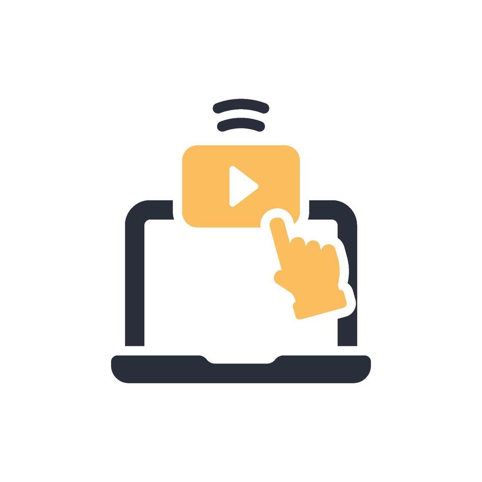 This icon illustrates ondemand streaming, showing a laptop with a play button and a clicking hand gesture, highlighting user interaction and engagement in digital entertainment vector
