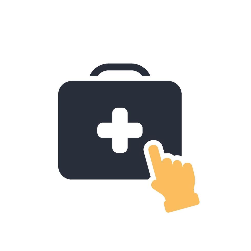 This icon represents ondemand medical assistance, featuring a first aid kit and a pointing hand, highlighting the importance of prompt and accessible healthcare services for those in need vector