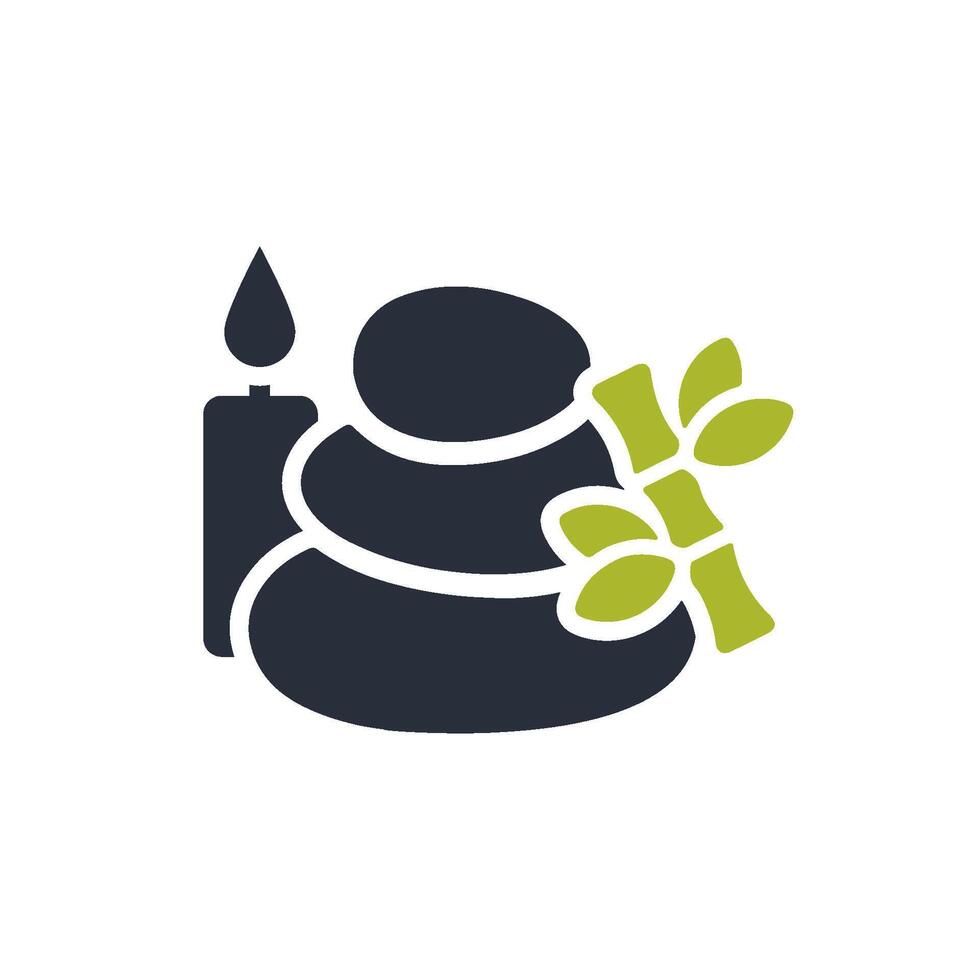 This elegant and serene relaxation spa icon showcases an artistic arrangement of stones, a flickering candle, and natural bamboo elements, all symbolizing tranquility, selfcare, and peacefulness vector