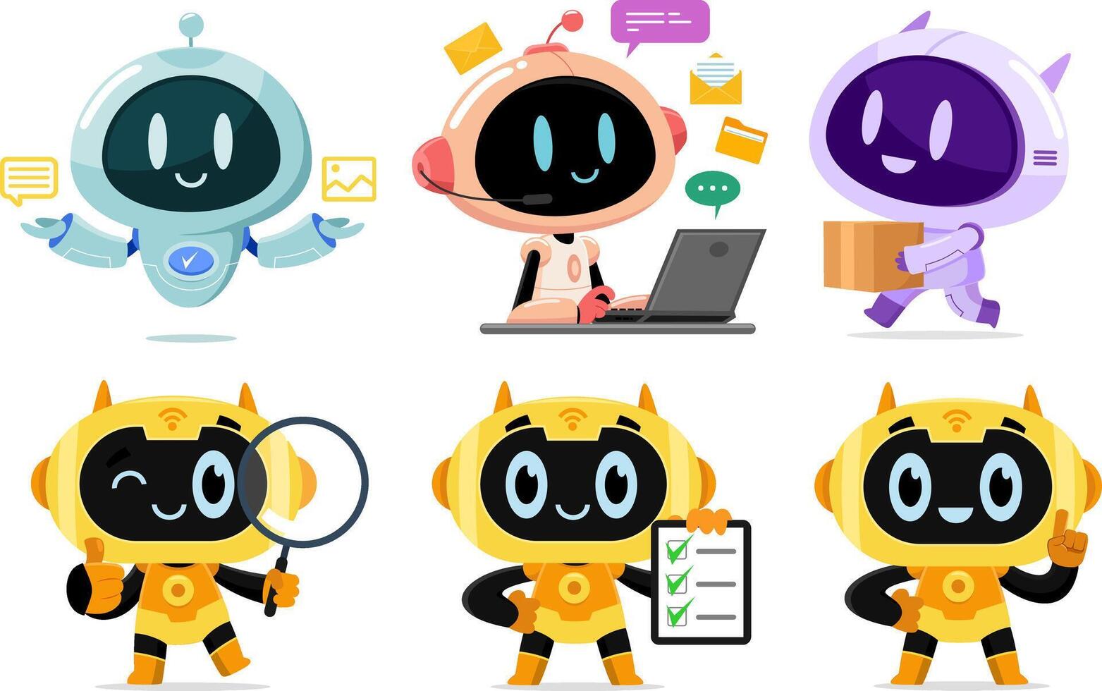 Cute Cartoon AI Robots with Different Expressions and Activities vector