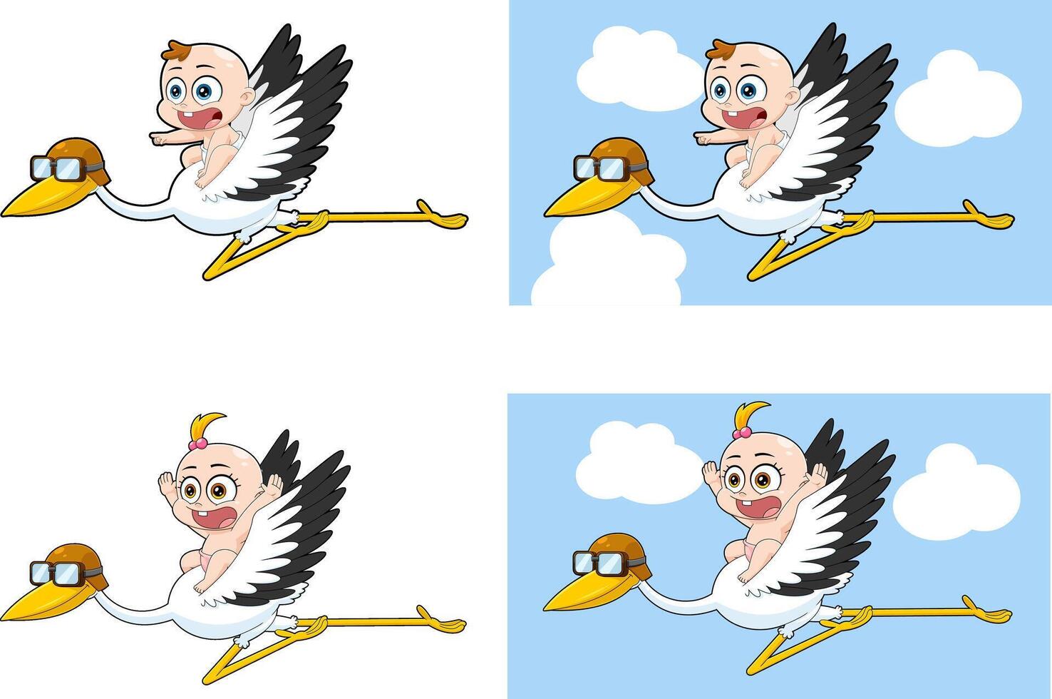 Adorable Baby with Big Eyes Sitting on a Flying Stork with Goggles and Helmet in a Whimsical Illustration vector