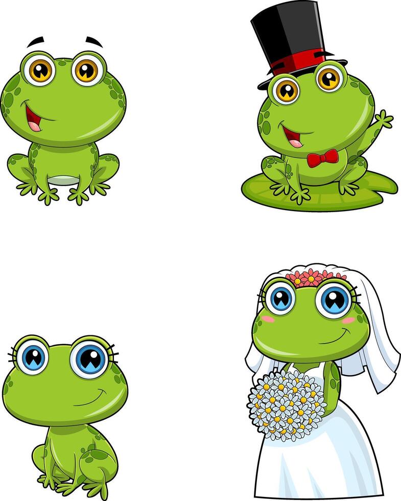 Cute Frogs Cartoon Characters Newlyweds. Hand Drawn Collection Set vector