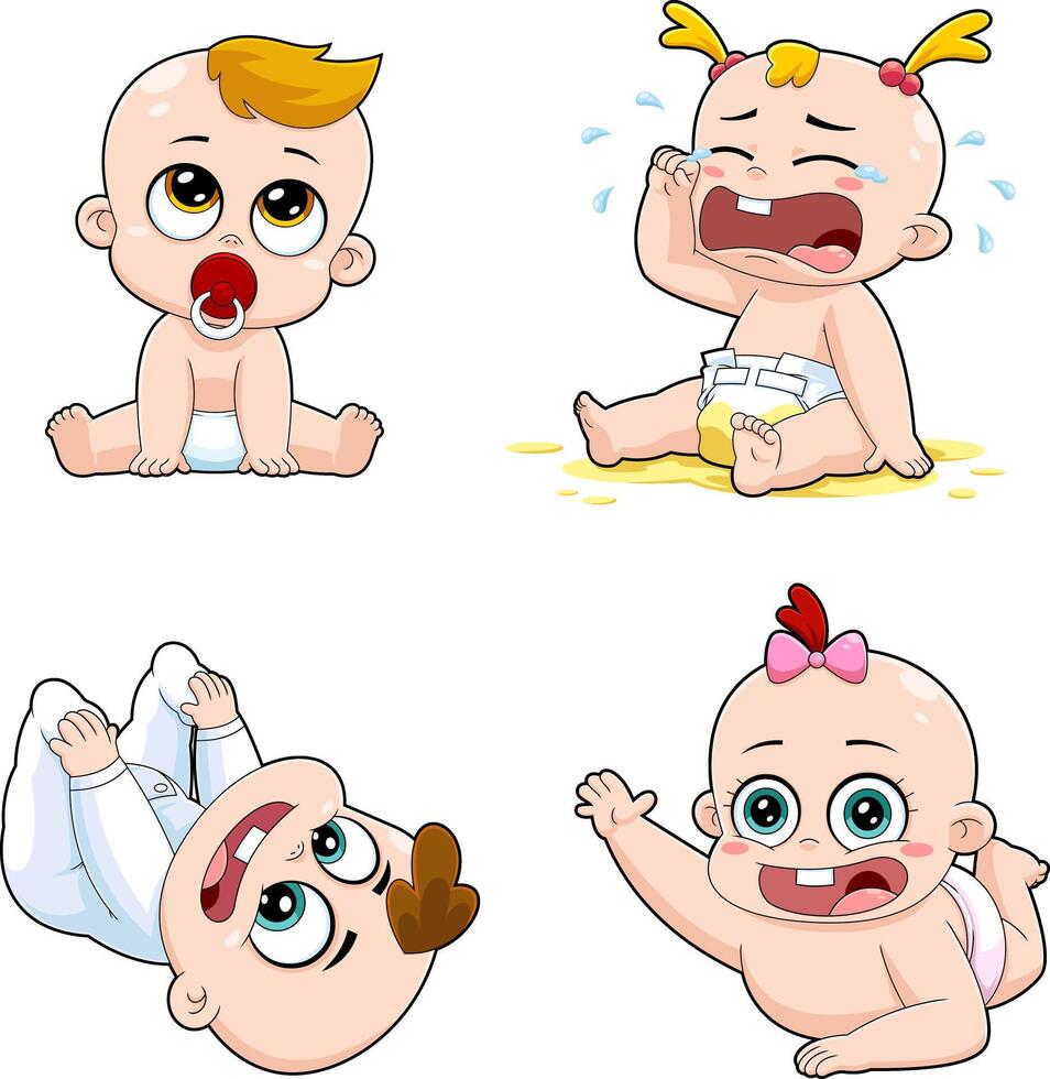 Happy and Playful Babies Cartoon Characters Collection of Cute Baby Moments in Different Activities vector