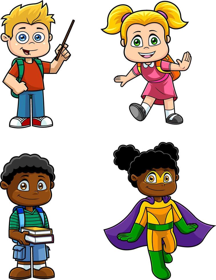 Set of Happy Cartoon Schoolchildren and Superhero Character in Fun and Engaging Digital Art Style vector