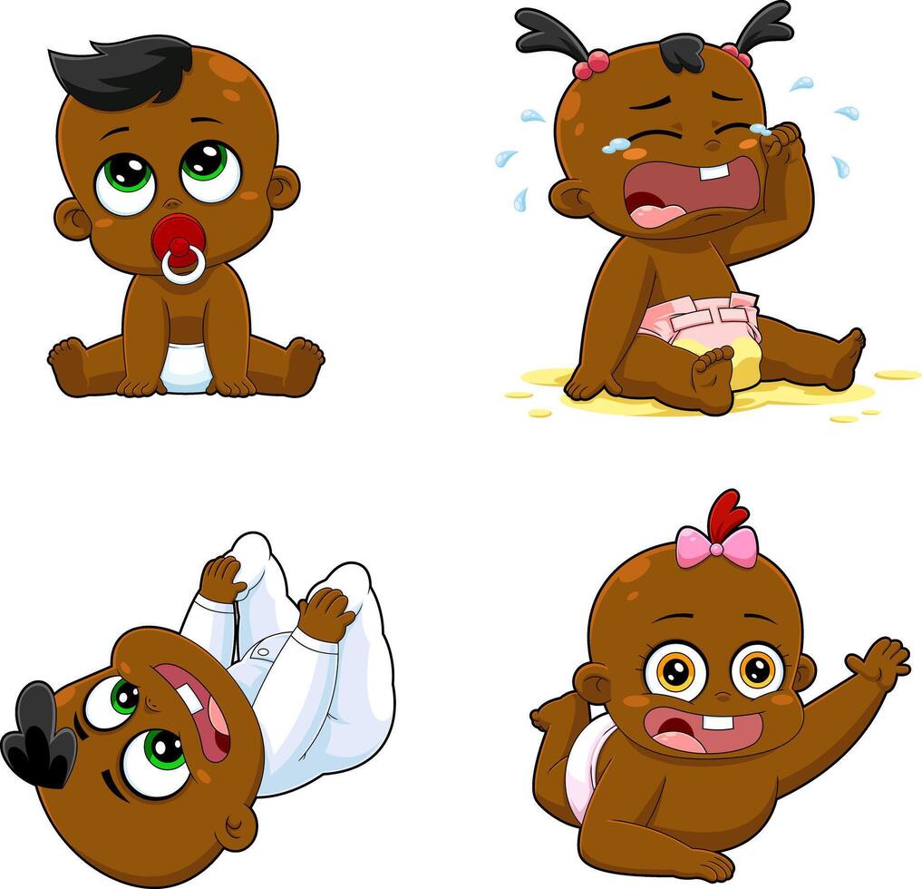 African American Babies Cartoon Characters. Hand Drawn Collection Set vector