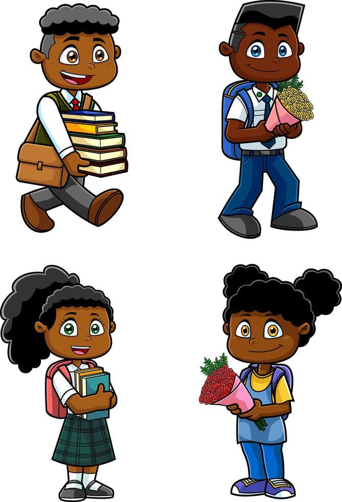 Diverse Group of Adorable Schoolchildren Holding Books and Bouquets, Education and Learning Concept vector