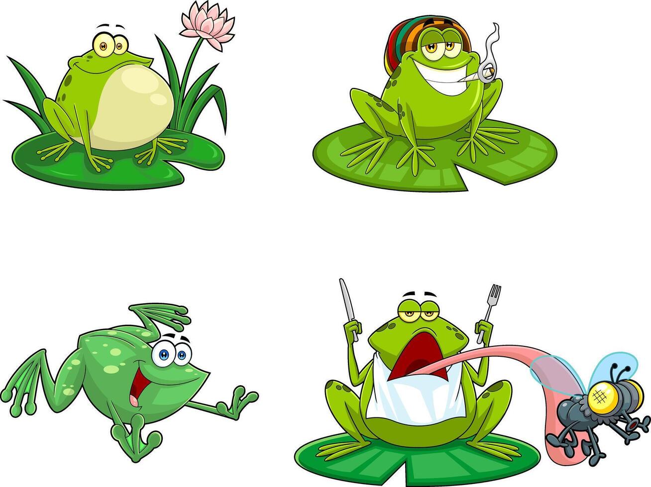 Collection of Funny Cartoon Frogs in Creative Poses vector