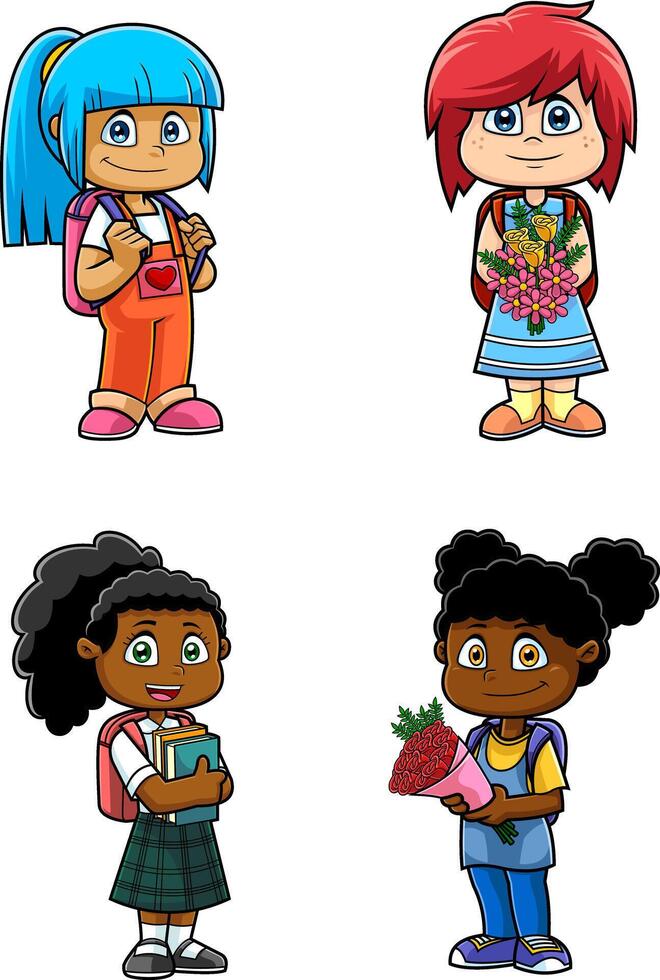 Set of Four Adorable Cartoon Girls with Different Hair Colors Holding School Supplies and Bouquets of Flowers for Greeting Cards vector