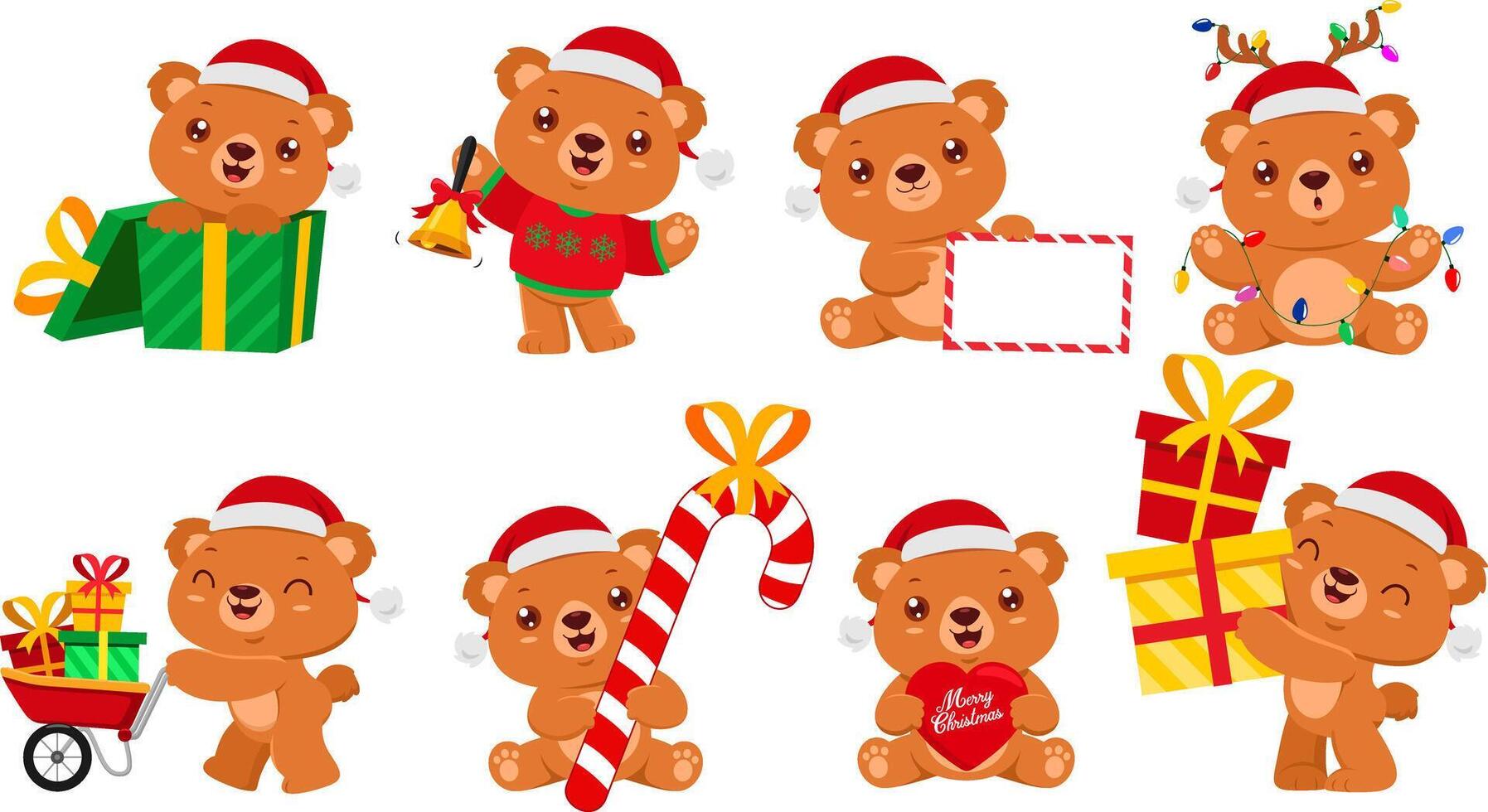Cute Christmas Teddy Bear Cartoon Character. Flat Design Collection Set vector