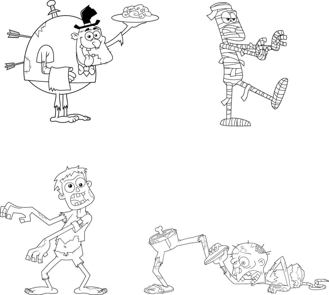Black and White Halloween Monster Illustrations Featuring Zombies, Mummy, and Other Scary Creatures vector