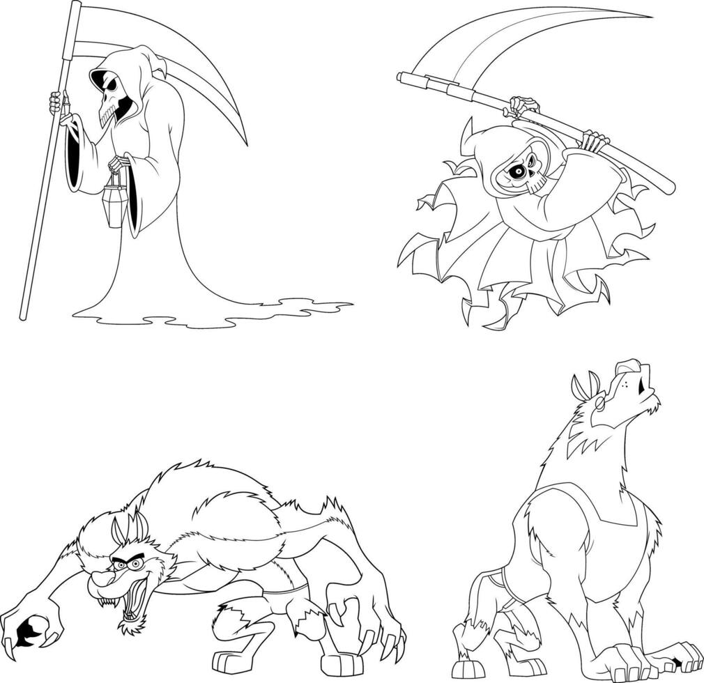 Grim Reaper and Werewolf Line Art Illustrations for Halloween and Fantasy Design Projects vector