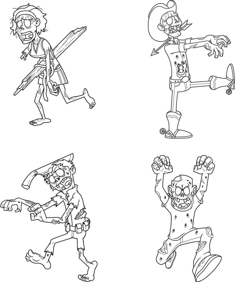 Outlined Halloween Cartoon Characters Zombie. Collection Set vector