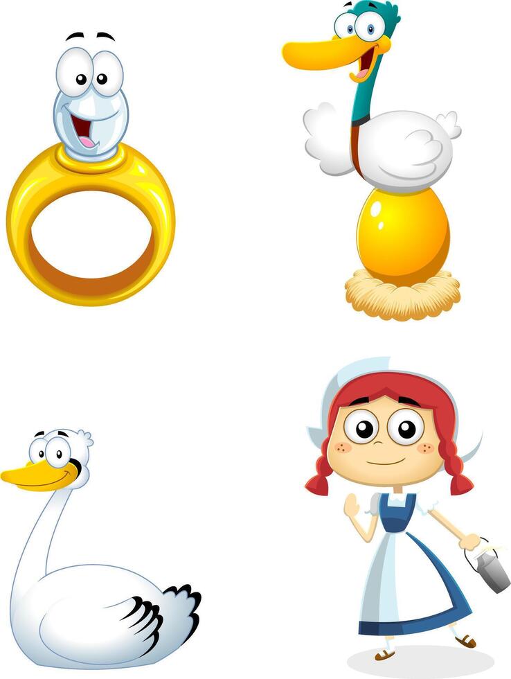 Funny Cartoon Fairy Tale Characters Set with Ring, Goose, Swan, and Milkmaid Girl in Traditional Dress for Childrens Story Illustrations vector