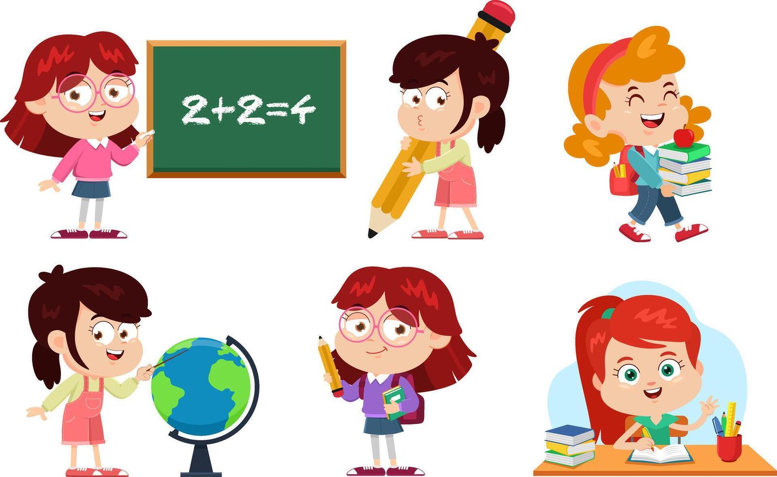 School Girls Cartoon Characters. Flat Design Collection Set vector