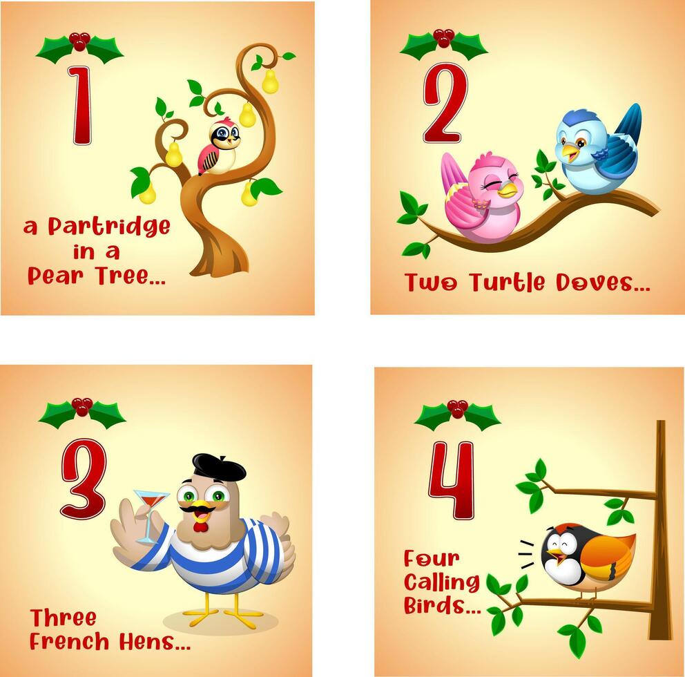 Christmas Song Themed Illustrations,First Four Days with Festive Birds from The Twelve Days of Christmas vector