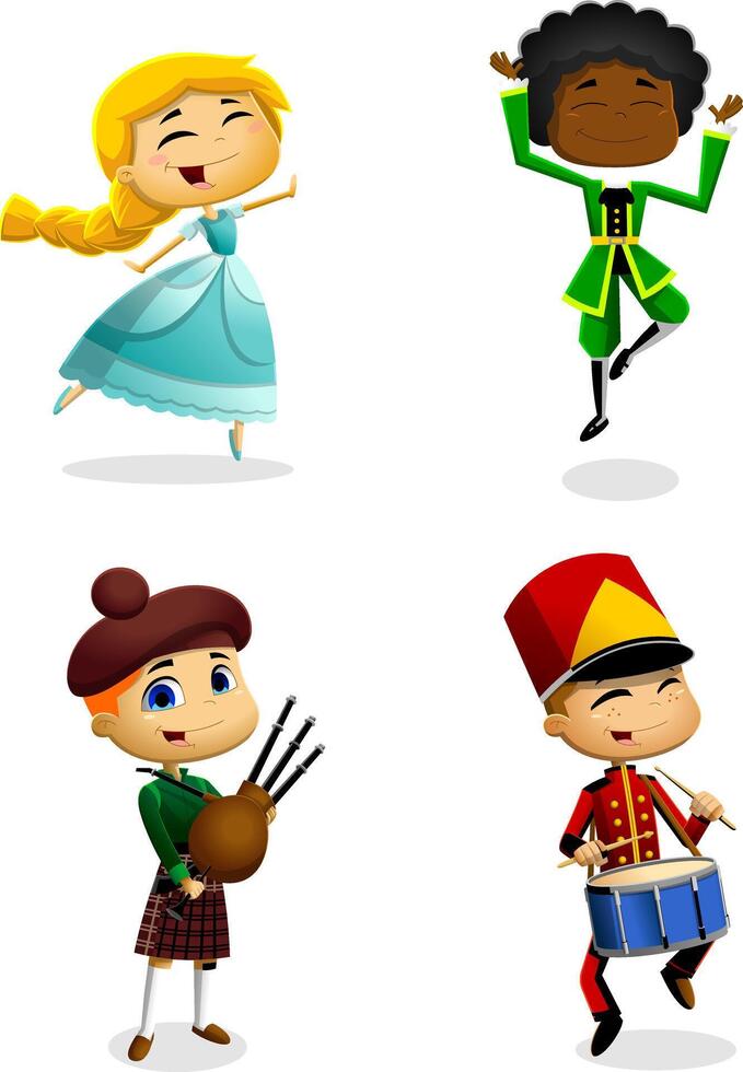 Cheerful Cartoon Kids Dressed in National Clothes Playing Musical Instruments and Dancing at Festive Christmas Occasions vector