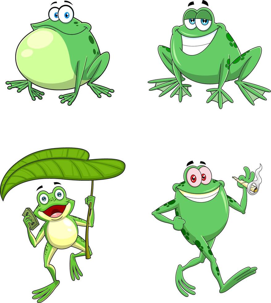Cute green frogs characters set with big eyes and happy faces jumping and holding objects in humorous situations vector