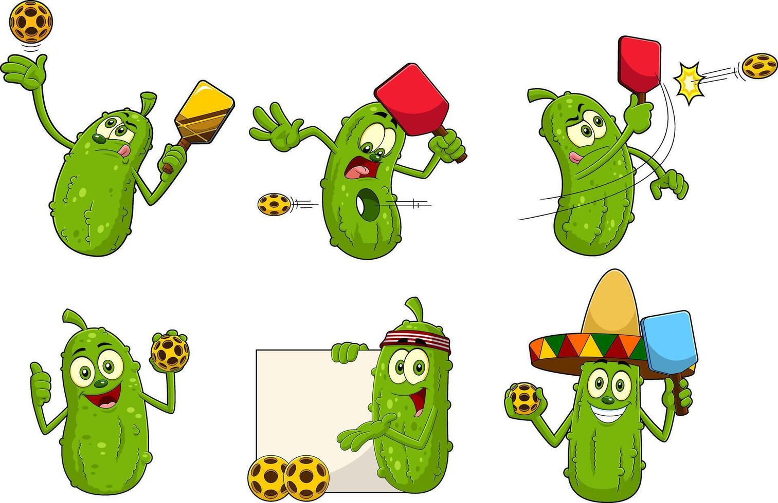 Set of Cute Pickle Mascots Engaged in Sports, Drinking, and Partying vector