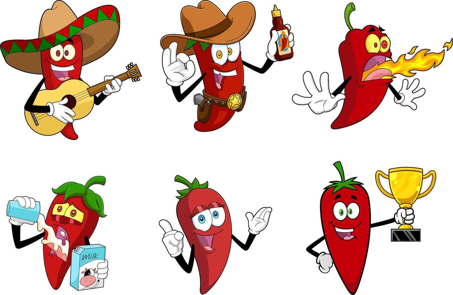 Set of Hot Chili Pepper Mascots in Various Poses vector