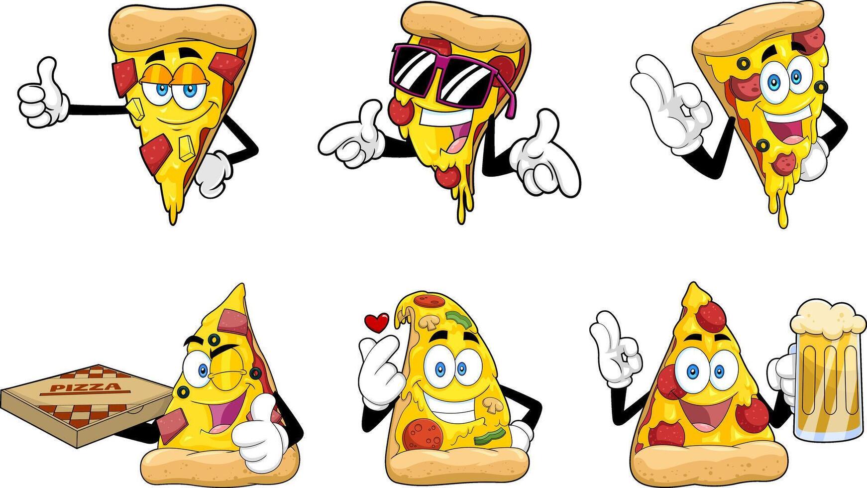 Smiling Pizza Slice Mascots with Sunglasses, Beer, Love, and Pizza Box for Fast Food Promotion vector