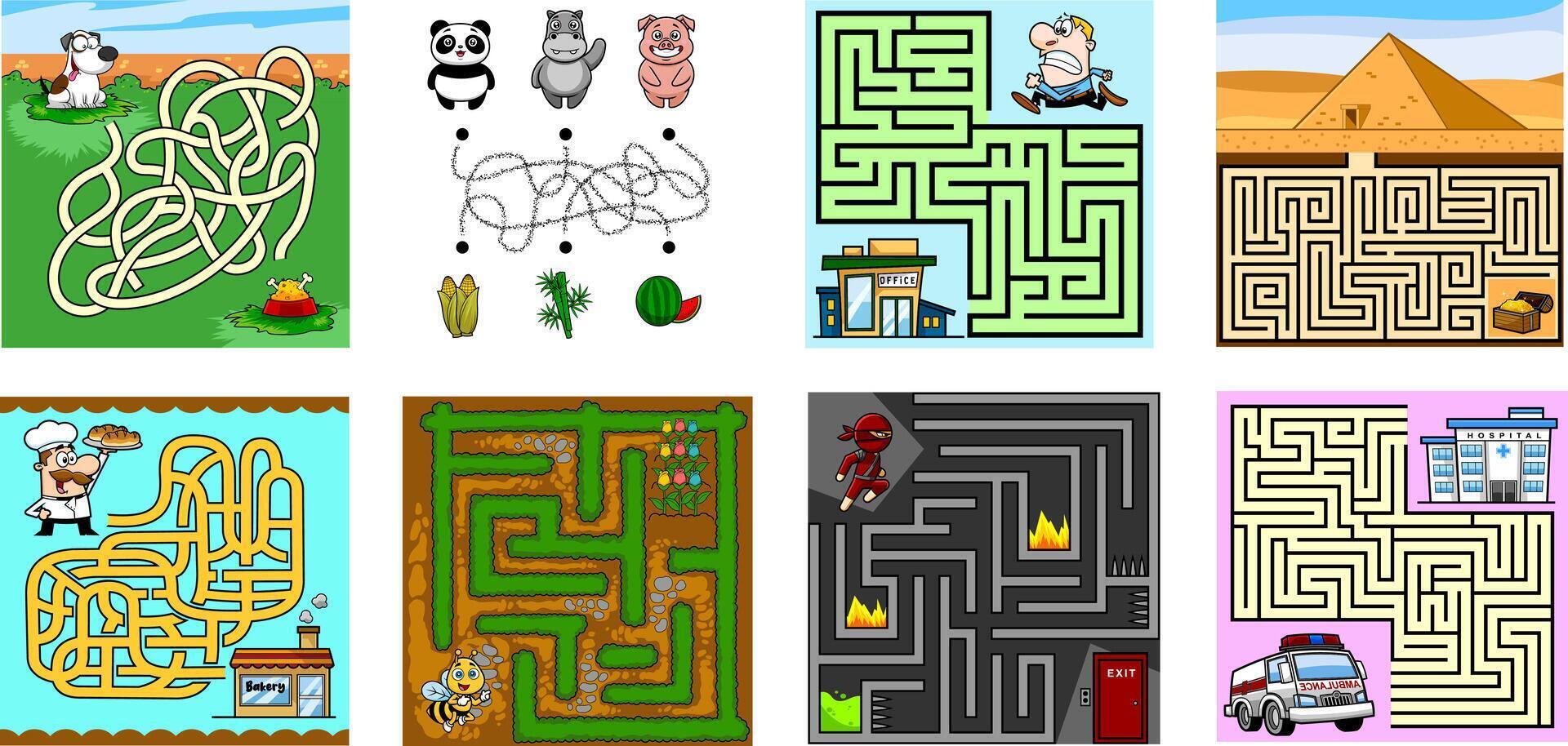 Cartoon Maze Games Education For Kids. Hand Drawn Collection Set vector