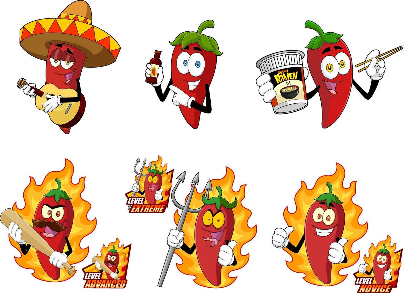 Funny Spicy Chili Pepper Cartoon Characters with Different Expressions and Accessories vector