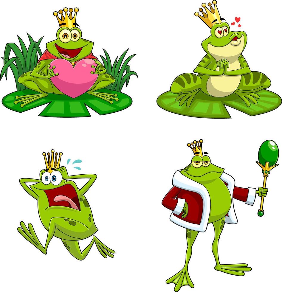 Royal Cartoon Frogs with Crowns in Different Funny Poses vector