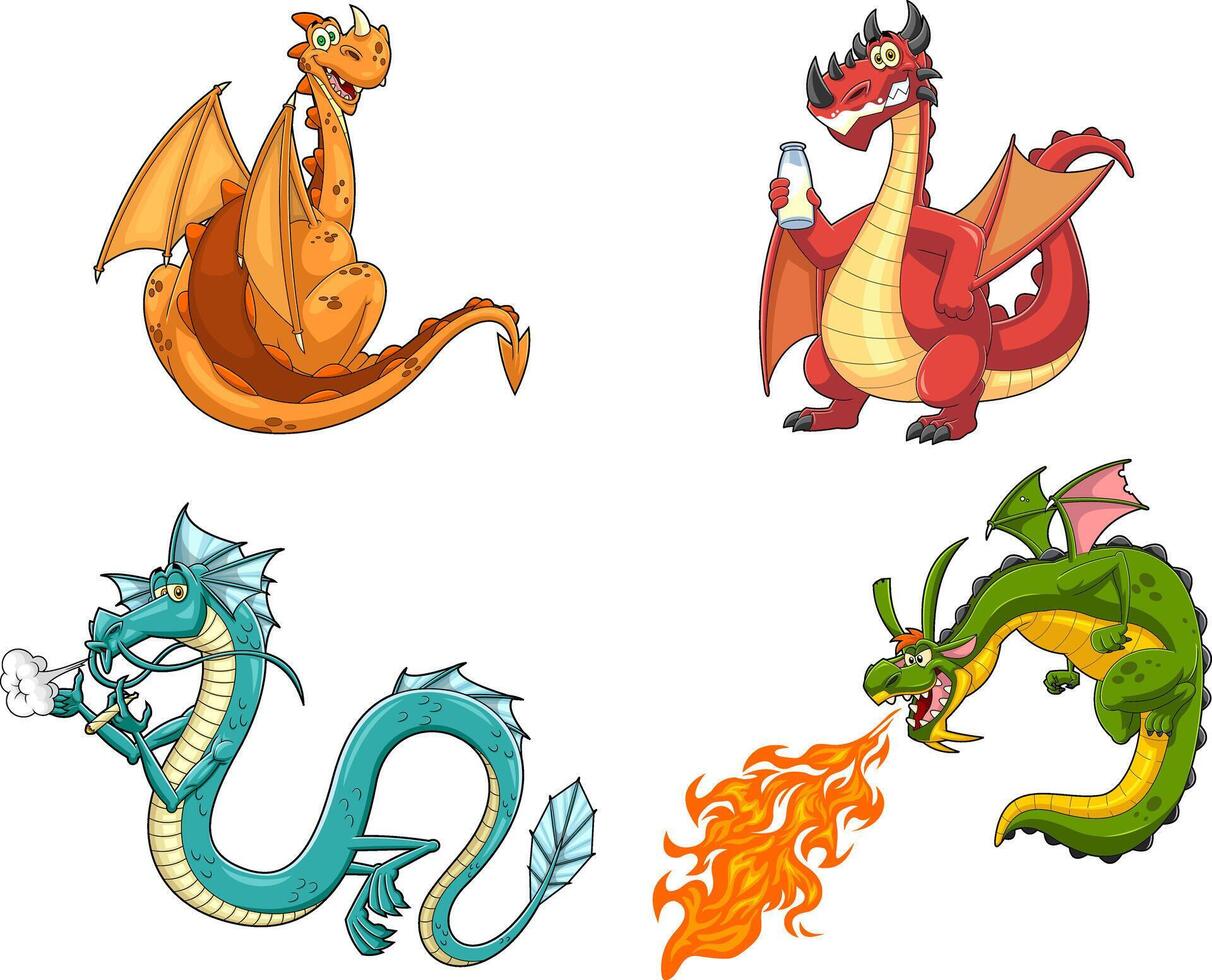 Cute Dragon Cartoon Characters. Hand Drawn Collection Set vector