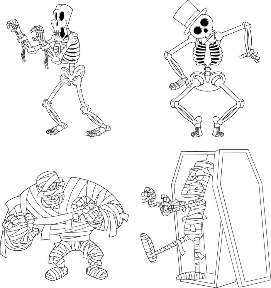 Outlined Halloween Cartoon Characters Skeleton And Mummy. Collection Set vector