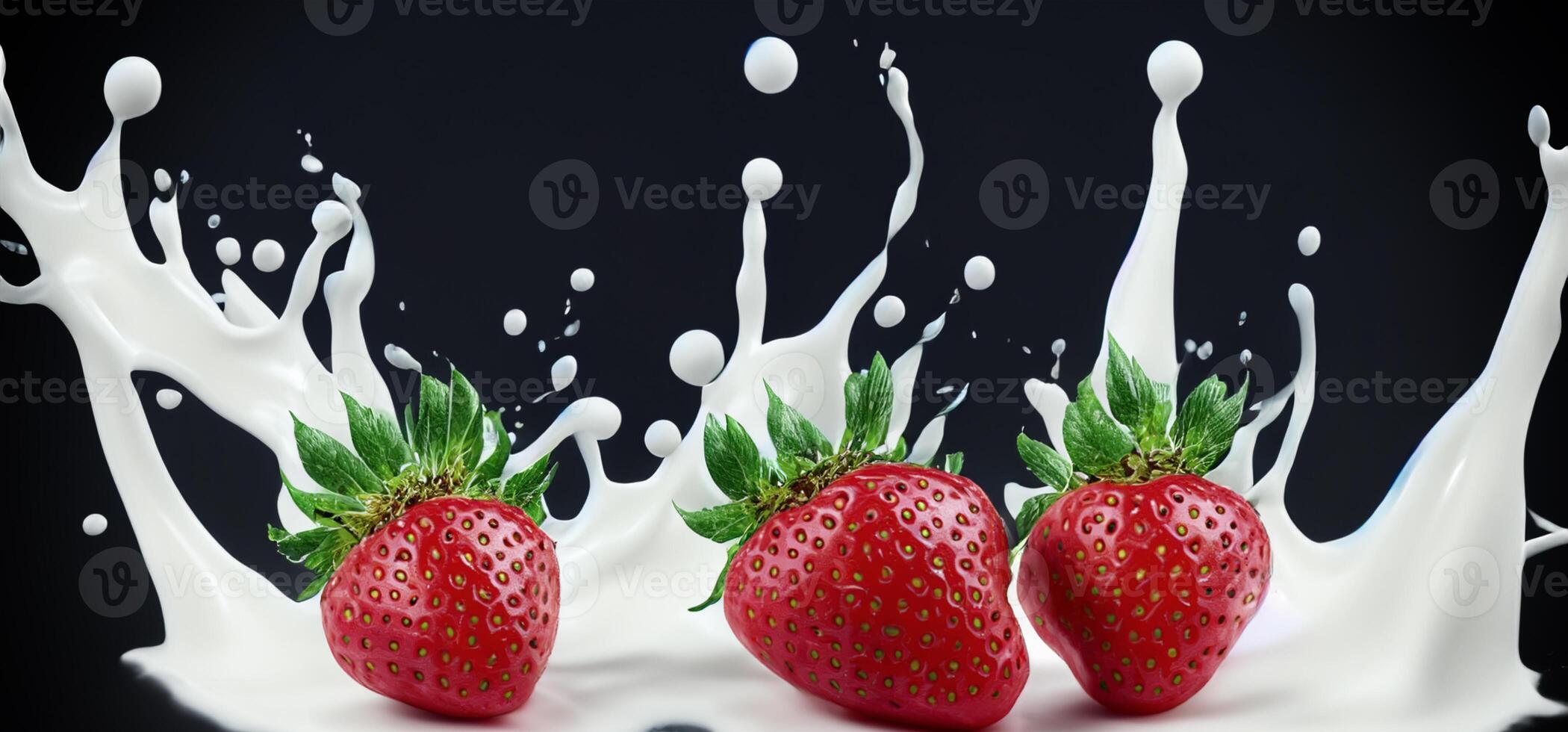 Strawberry milk splashing with strawberry isolated on Black background. Strawberry falling into pink milk or yogurt creamy liquid drink splash. Milky splash with strawberries against black. Close up. photo