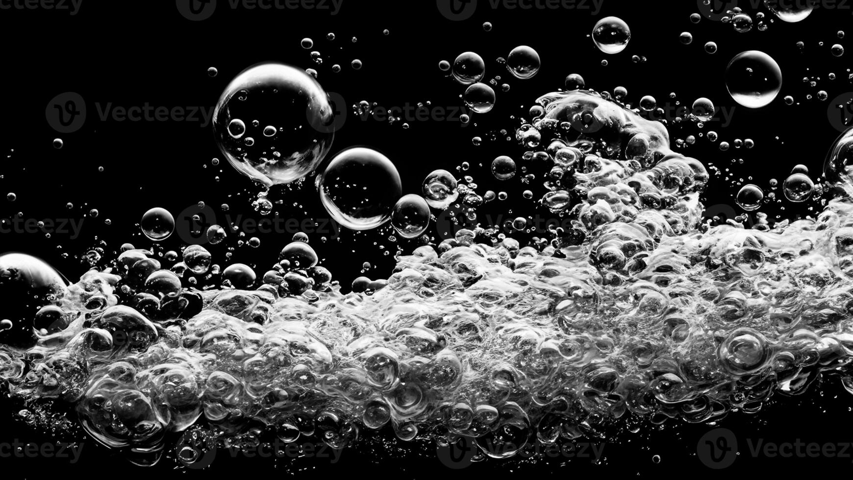 Soda water bubble splashing underwater against black background. photo