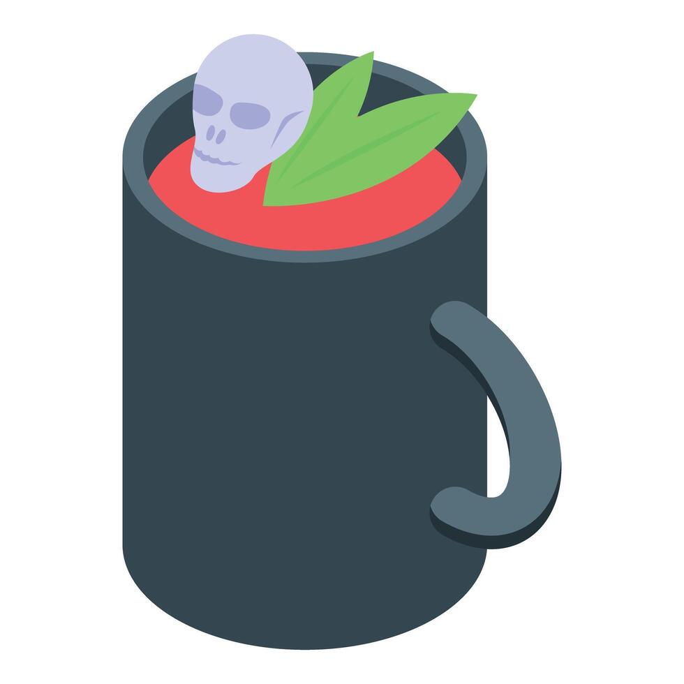 Skull and green leaves floating in red liquid inside black mug, halloween themed illustration vector