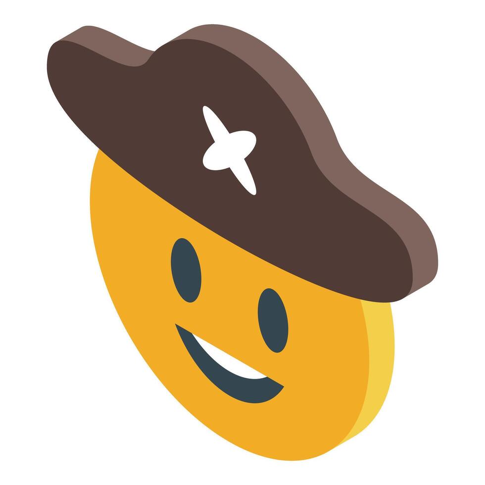 Smiling emoji wearing pirate hat, isometric icon illustration vector