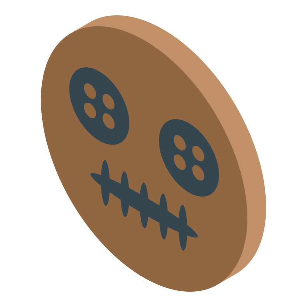 Creepy voodoo doll face with button eyes and stitched mouth isometric icon vector