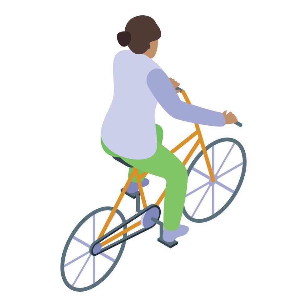 Woman riding bicycle in isometric view, promoting sustainable transportation vector