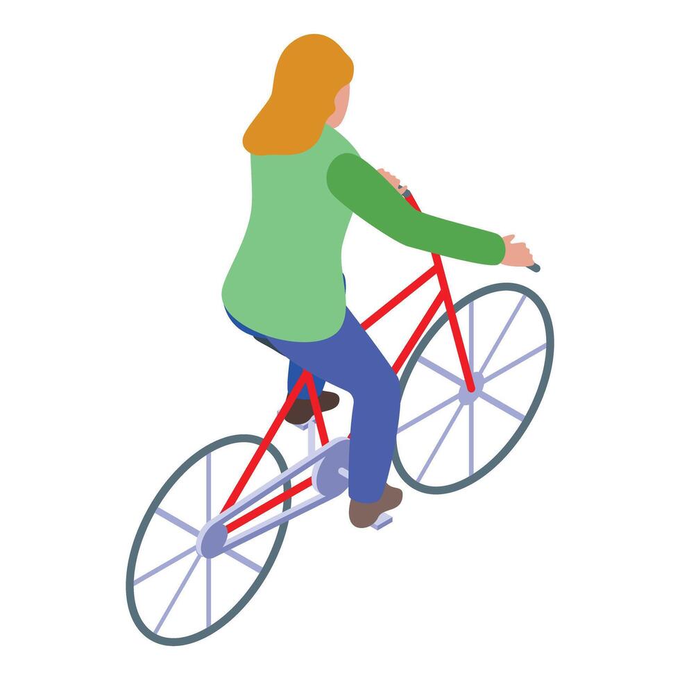 Woman riding a red bicycle, isometric view of cycling vector