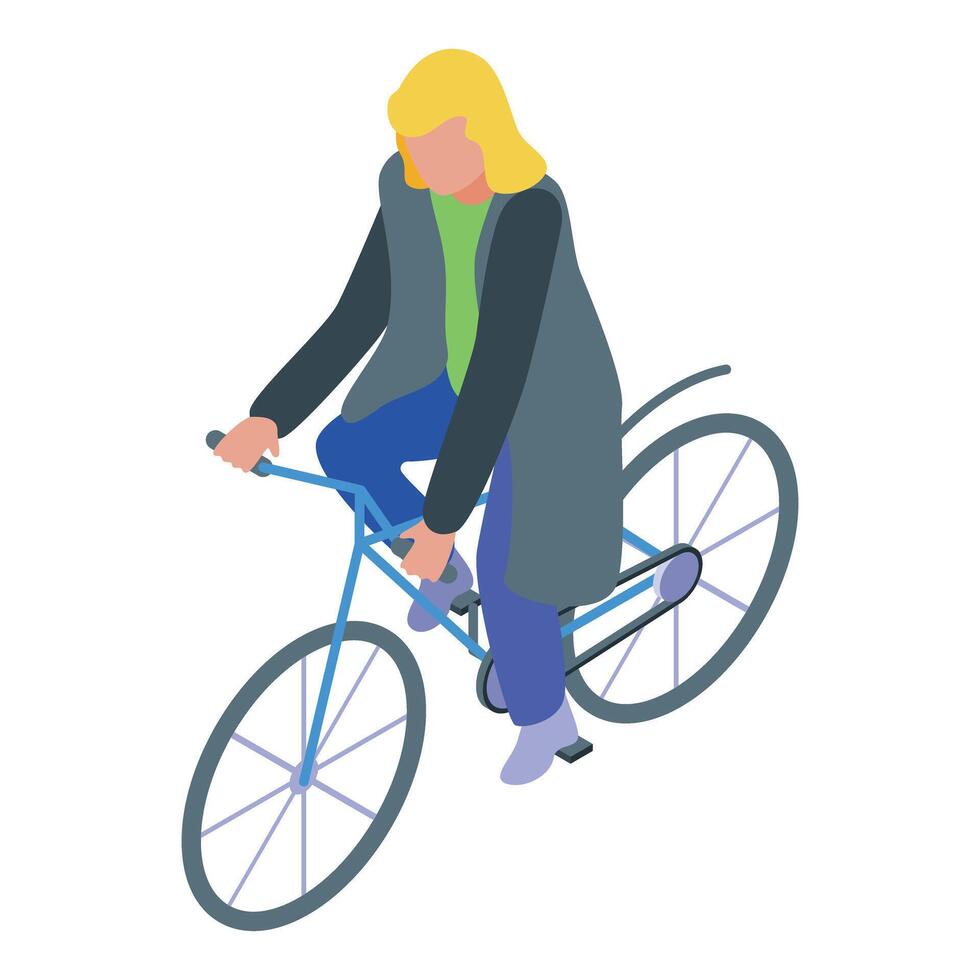 Blond woman riding a blue bicycle in isometric view vector