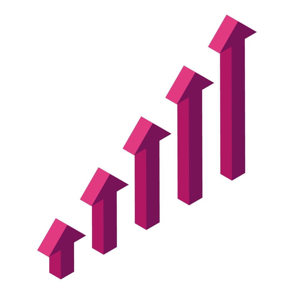 Growing pink arrows showing positive trend in isometric projection vector