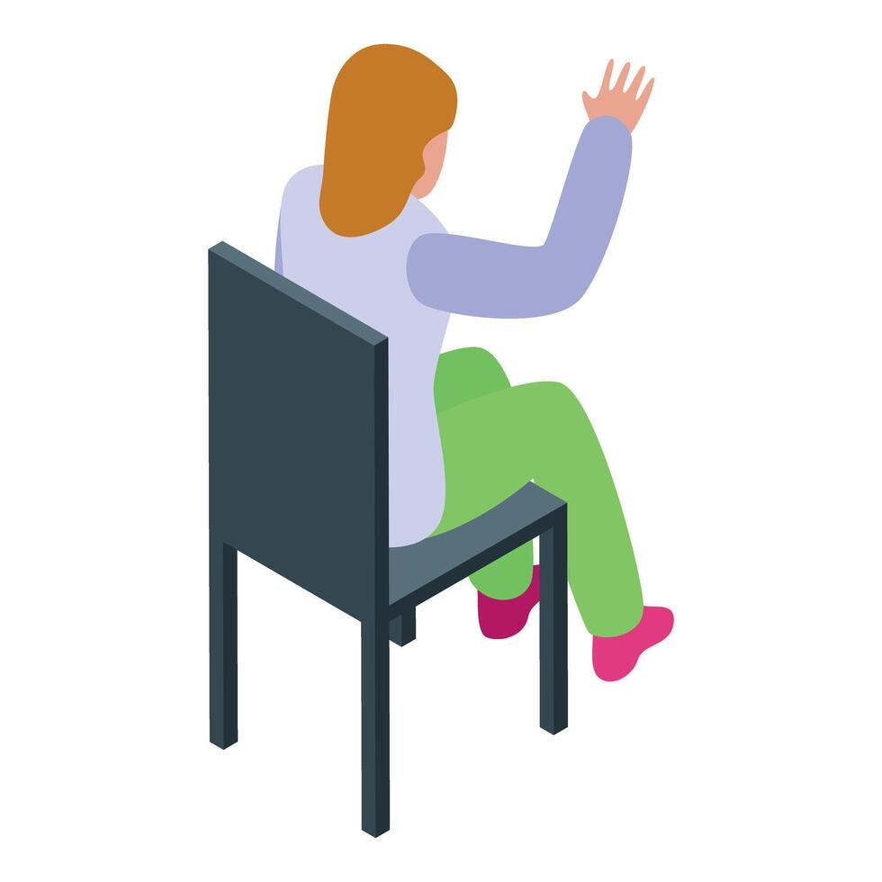 Girl sitting on chair waving hand back view isometric icon illustration vector