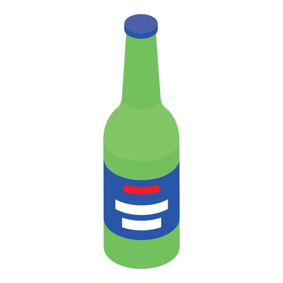Green glass beer bottle with blue label isometric view vector