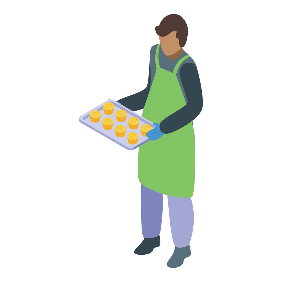 Baker holding tray of freshly baked muffins isometric icon vector