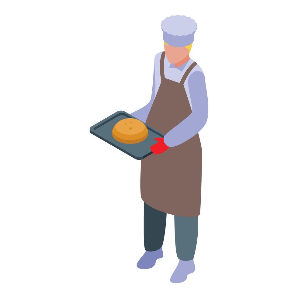 Baker holding baking tray with freshly baked bread isometric icon vector