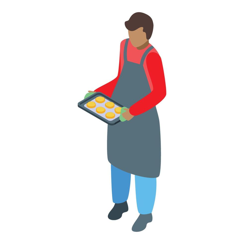 Baker holding baking tray with freshly baked cookies isometric view vector
