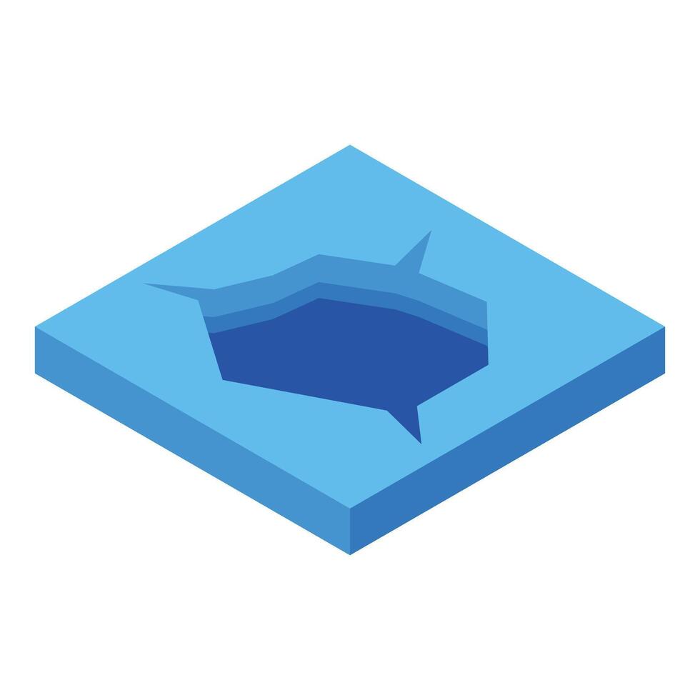 Ice hole breaking thin surface revealing deep blue water below isometric icon vector