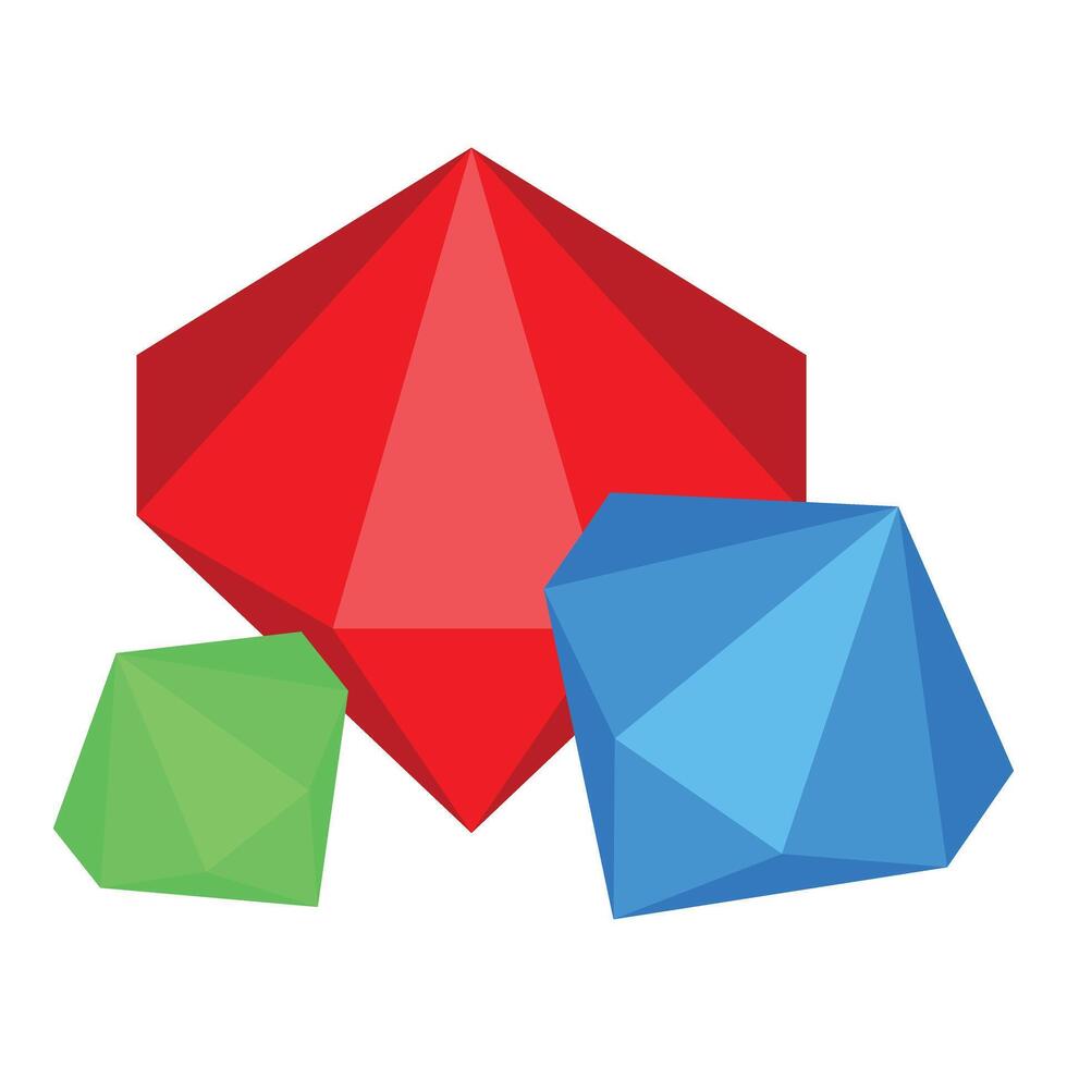Red, green and blue polygonal gemstones shining brightly vector