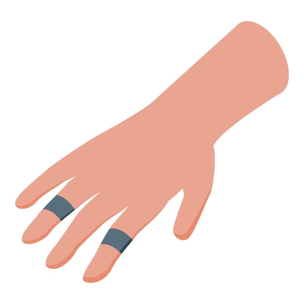 Injured hand with bandages on fingers, providing first aid and wound care vector
