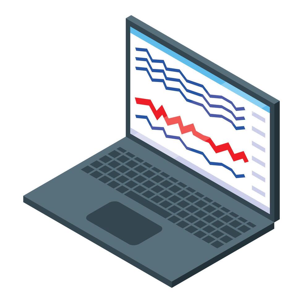 Laptop showing decreasing stock market trend with red and blue lines vector