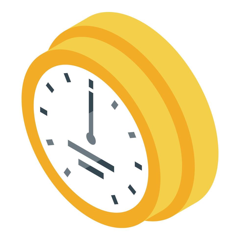 Yellow wall clock showing six o'clock, isometric view vector